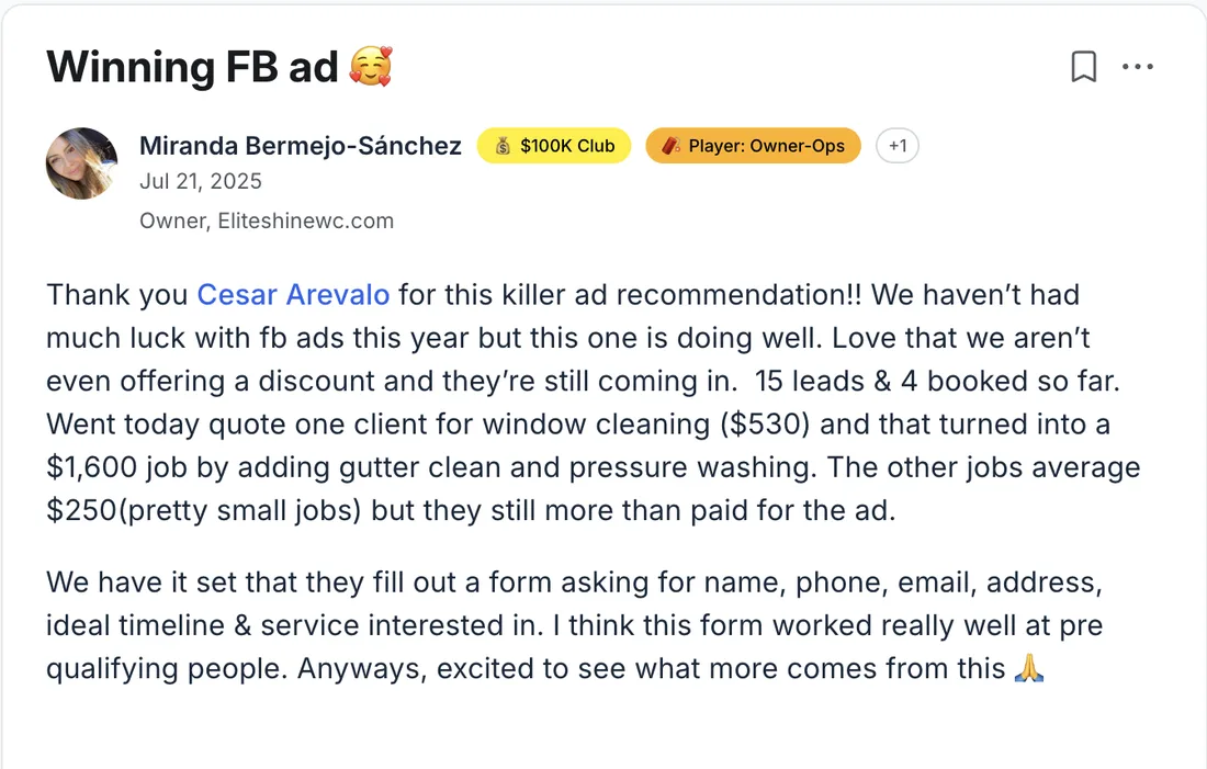 Community post by Miranda Bermejo-Sanchez, owner of Eliteshinewc.com, reporting 15 leads, 4 booked jobs, and a $530 quote turned into a $1,600 job
