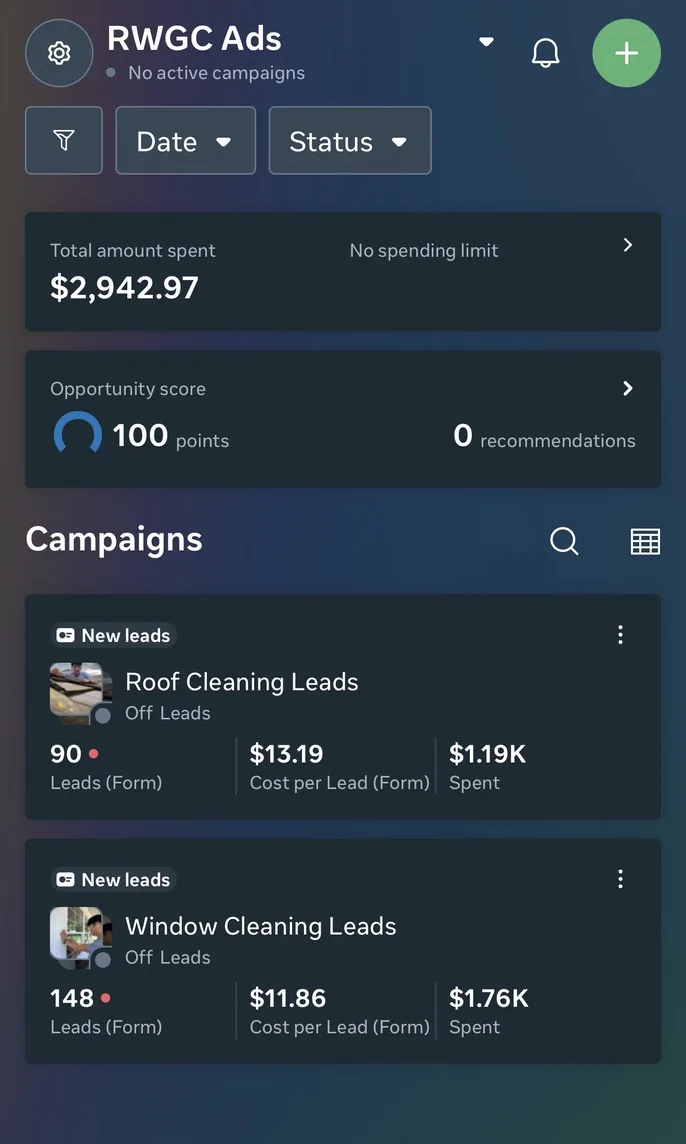Ads account overview showing $2,942.97 total spend and two lead campaigns at $13.19 and $11.86 per lead