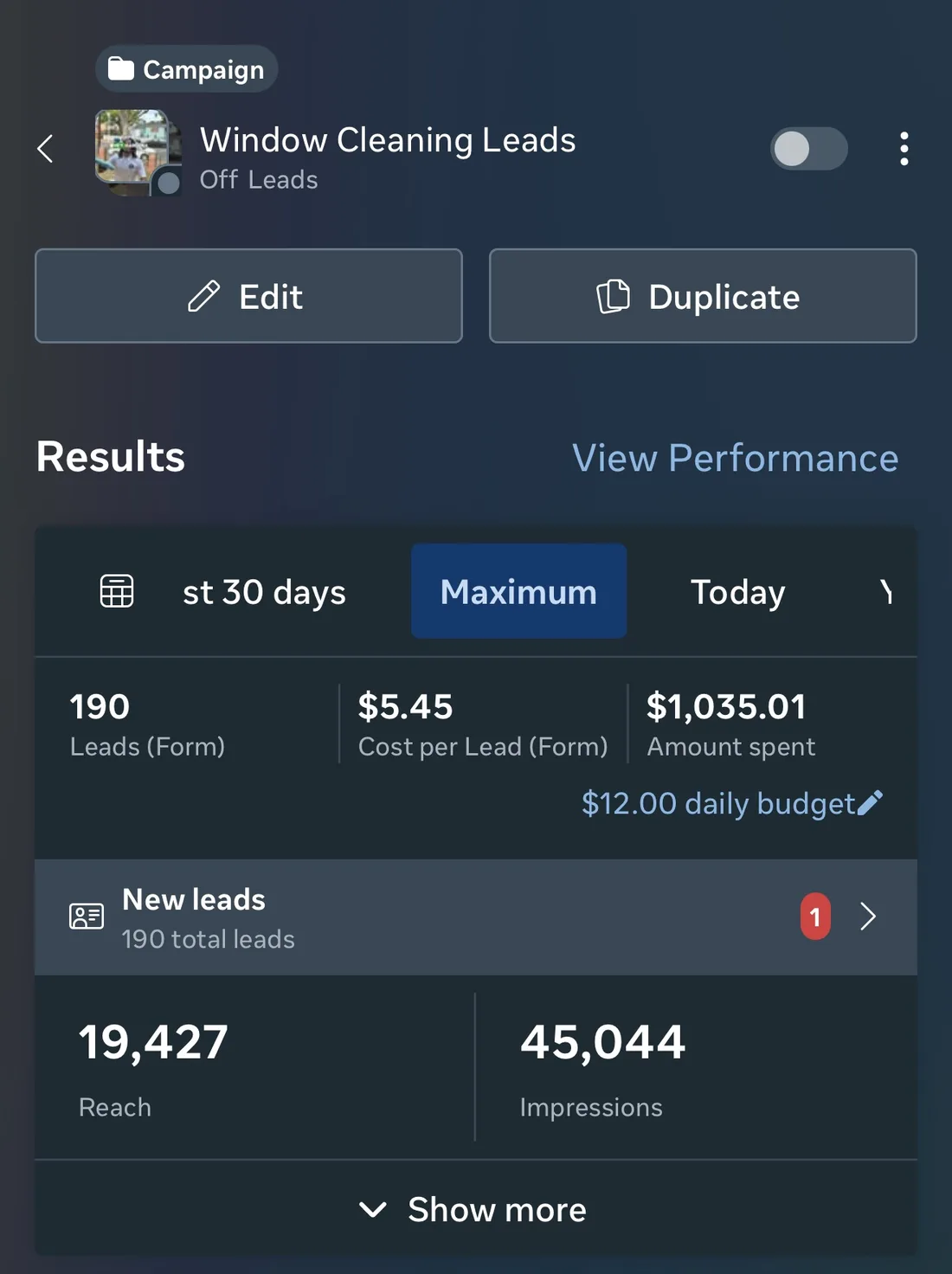 Window cleaning campaign in Ads Manager: 190 leads at $5.45 per lead, $1,035.01 spent