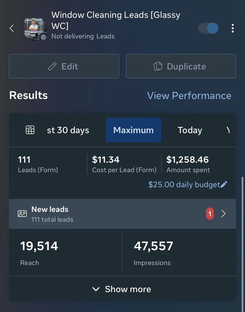 Glassy WC campaign in Ads Manager: 111 leads at $11.34 per lead, $1,258.46 spent