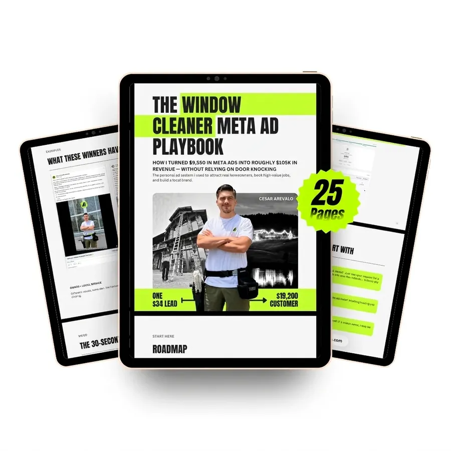 The Window Cleaner Meta Ad Playbook by Cesar Arevalo — 25-page digital playbook shown on three tablets